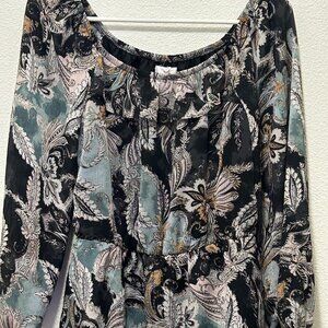 Maurice's black multi print blouse with front ruffle, sheer sleeve, XS